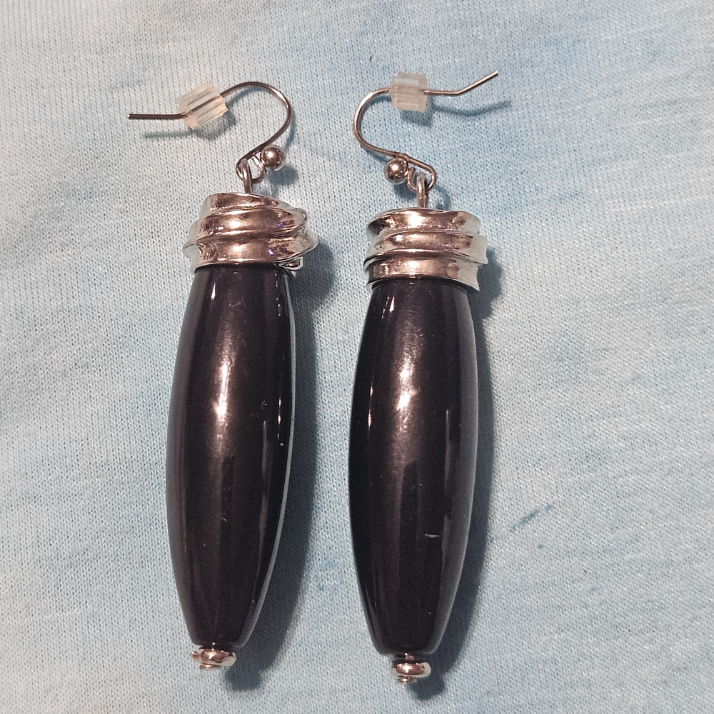 Vintage Black and Silver Drop Earrings, Lightweight, Chic Modern, 2.25" Long